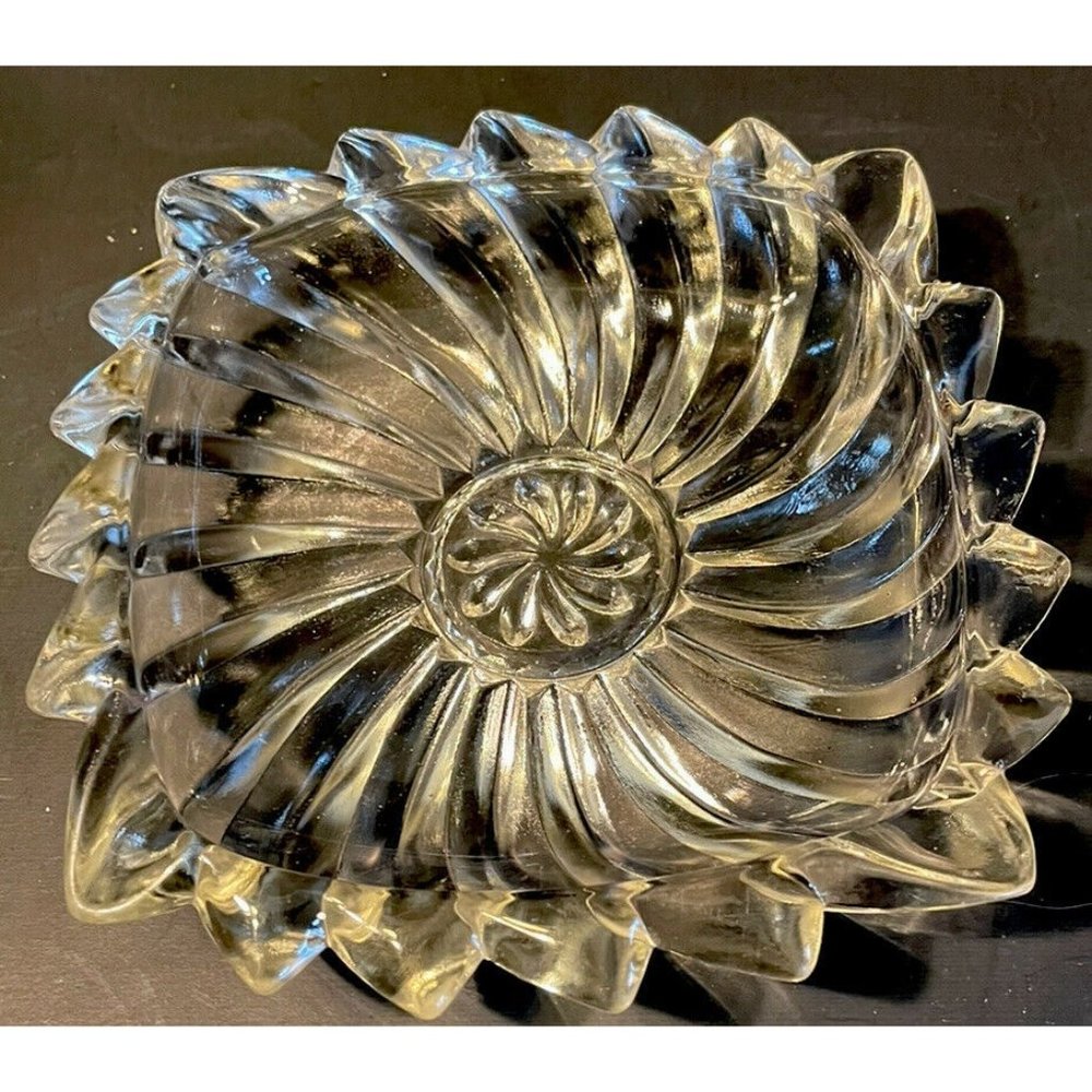 Vtg Pressed Glass Dish HEAVY Square Swirl Sawtooth Edge Trinket Candy - RARE
